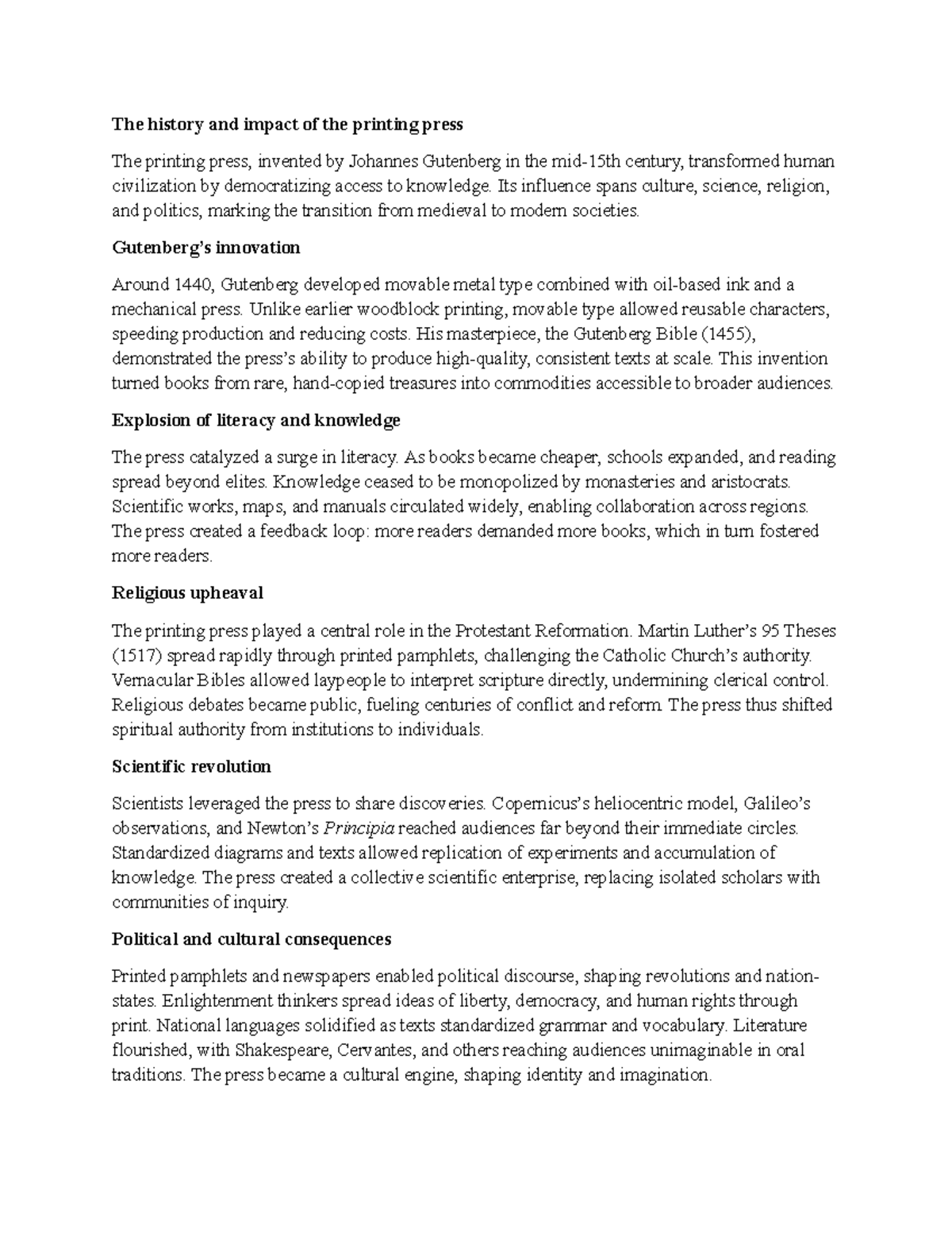 The History and Impact of the Printing Press: A Study Guide - Studocu