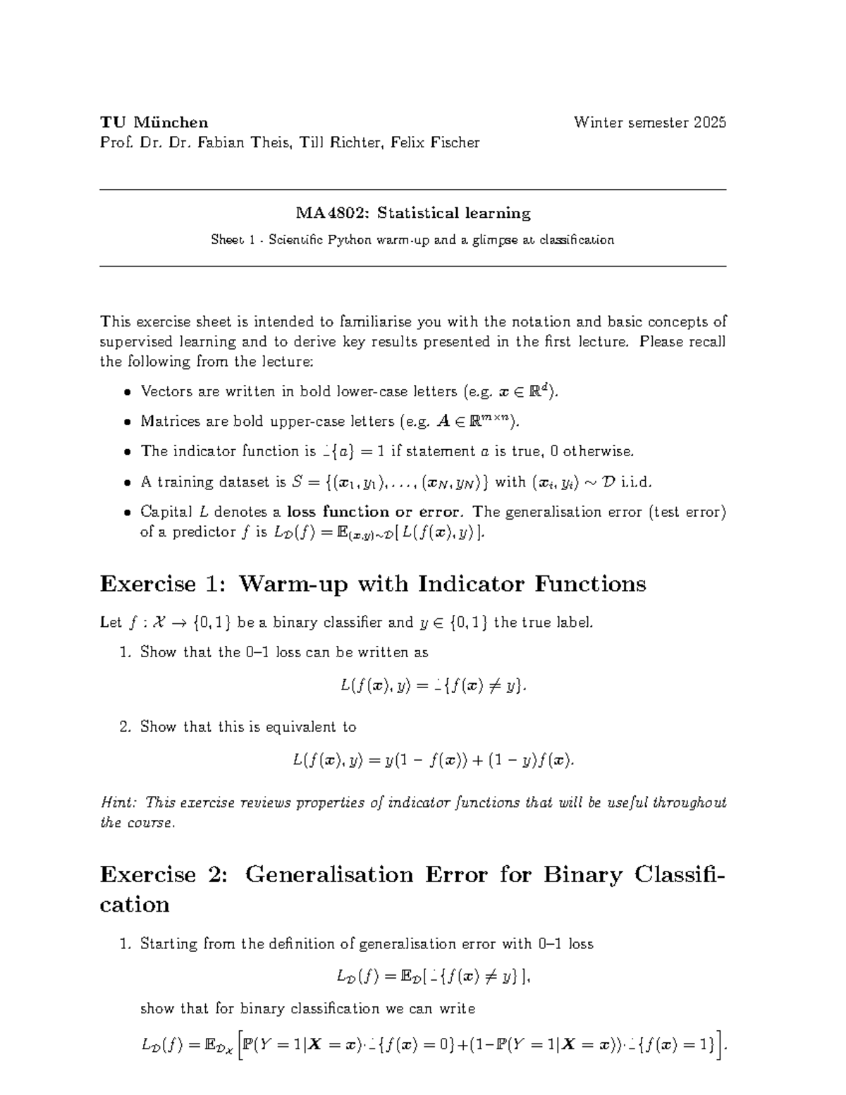 MA4802: Statistical Learning Exercise Sheet 1 - Scientific Python - Studocu