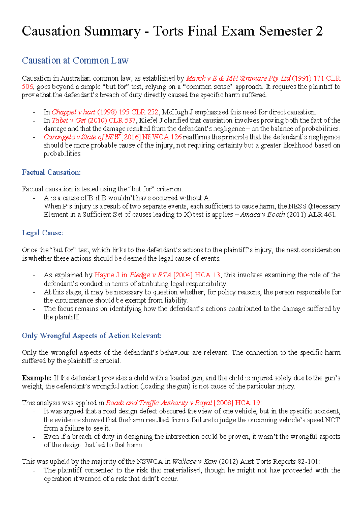 Causation Summary Torts Final Exam S2: Key Principles & Case Law - Studocu