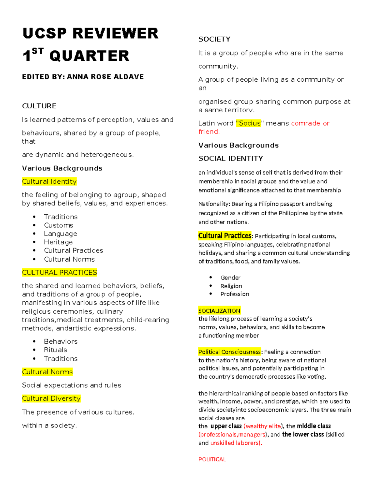 UCSP 1ST Quarter Reviewer: Understanding Culture and Society - Studocu