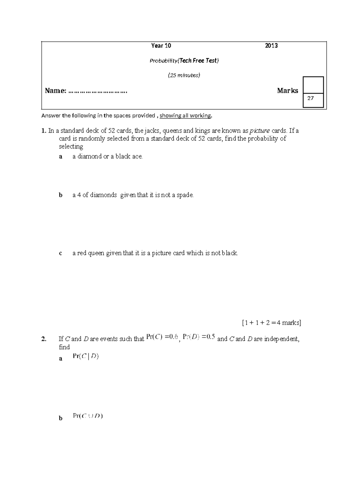 Year 10 2013 Probability Tech Free Test (25 min) - Old Test Review ...