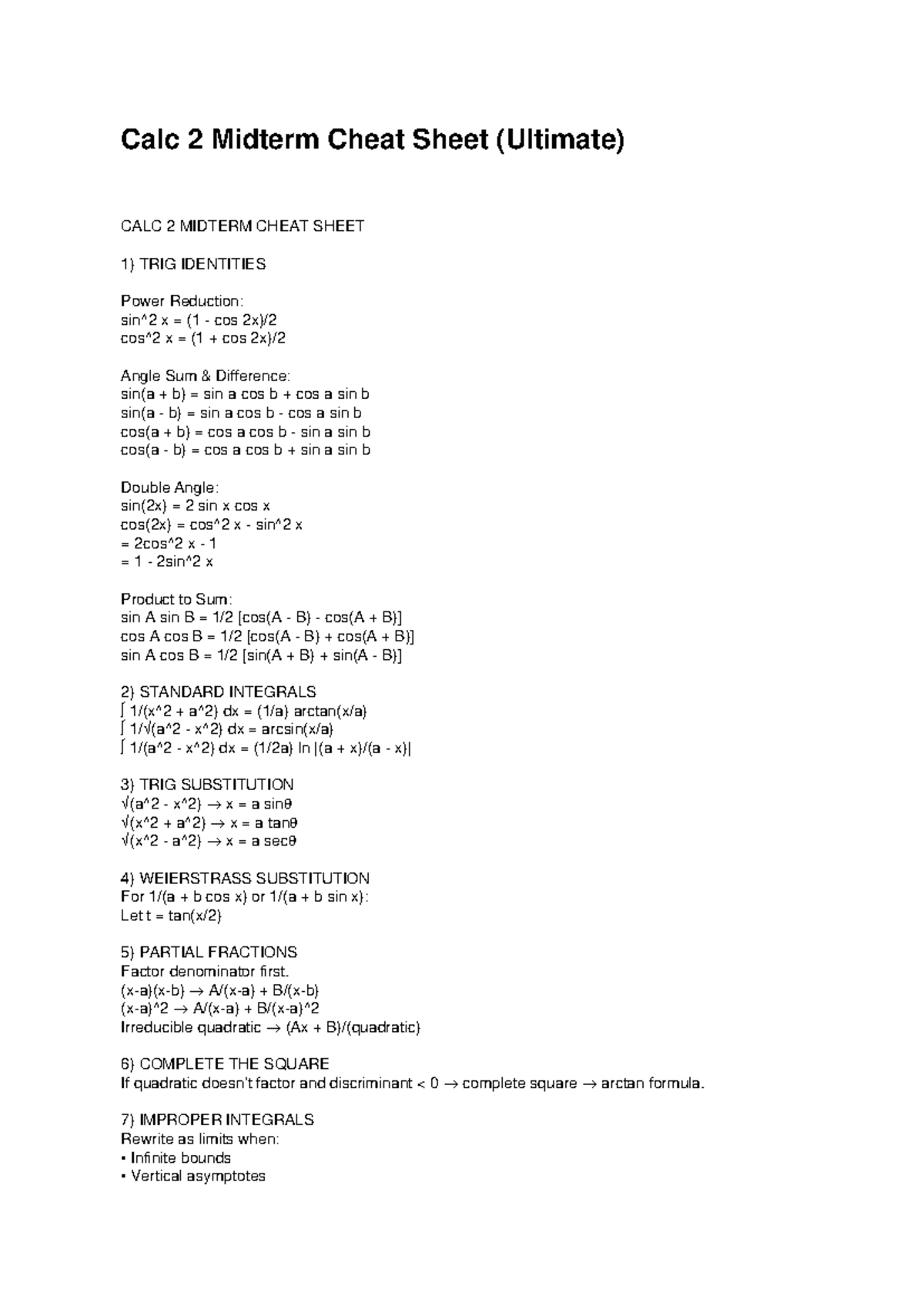 Calc 2 Midterm Cheat Sheet: Key Trig Identities & Integrals - Studocu