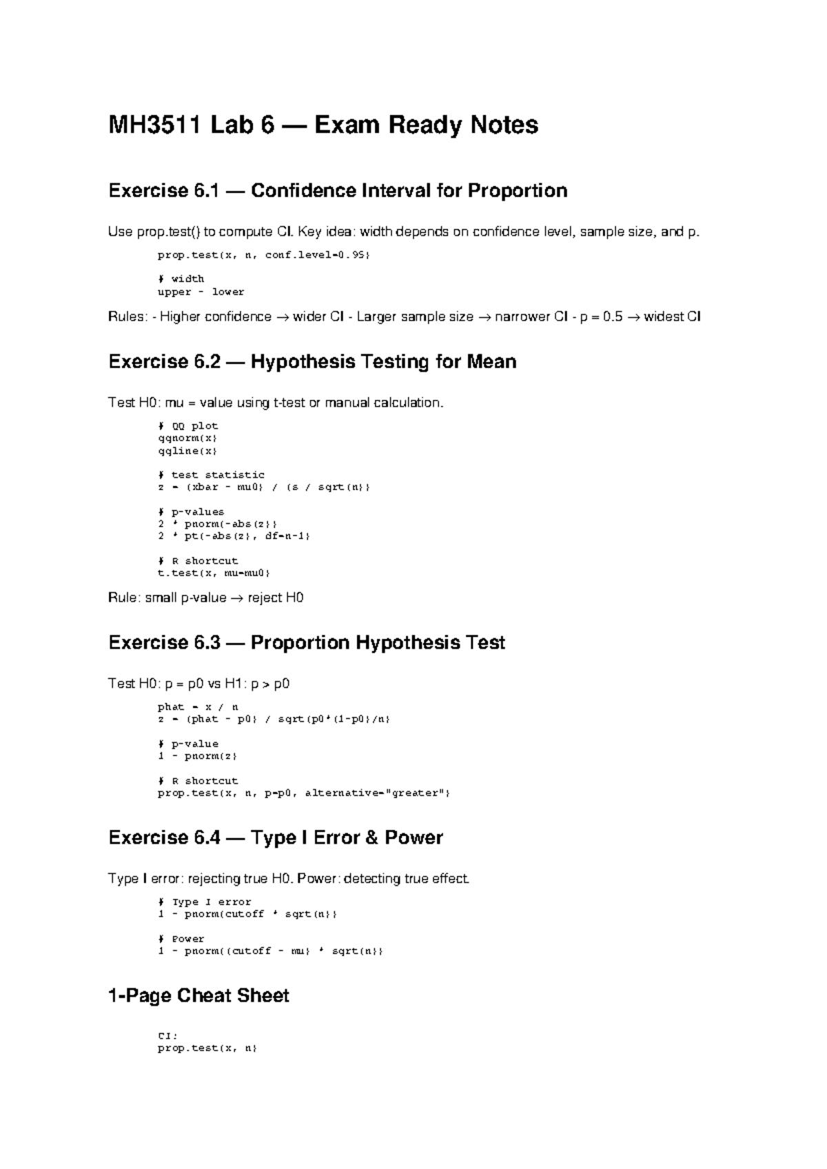MH3511 Lab 6 Exam Notes: Confidence Intervals & Hypothesis Testing ...