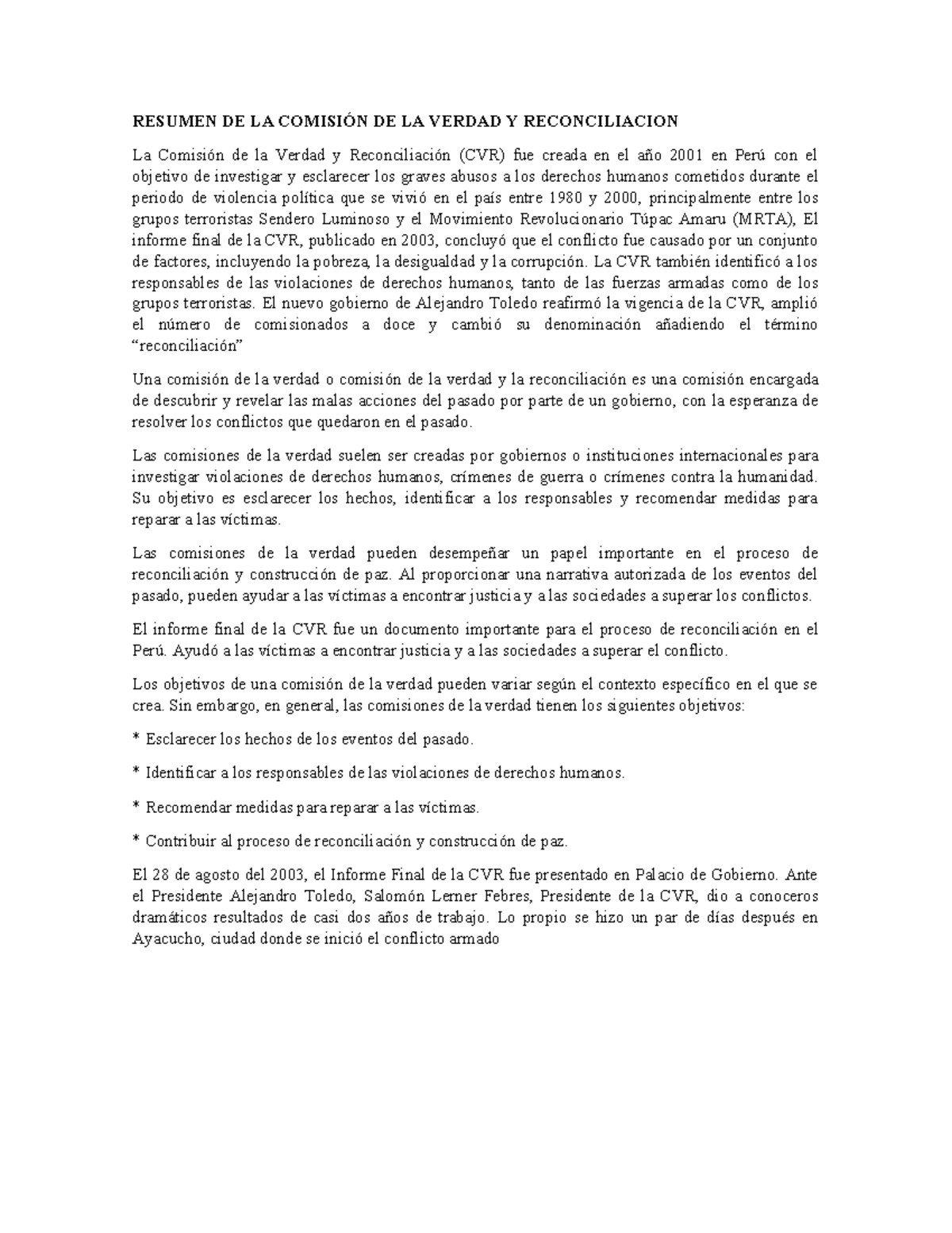 Resumen de la Comisión de la Verdad y Reconciliación en Perú - Studocu