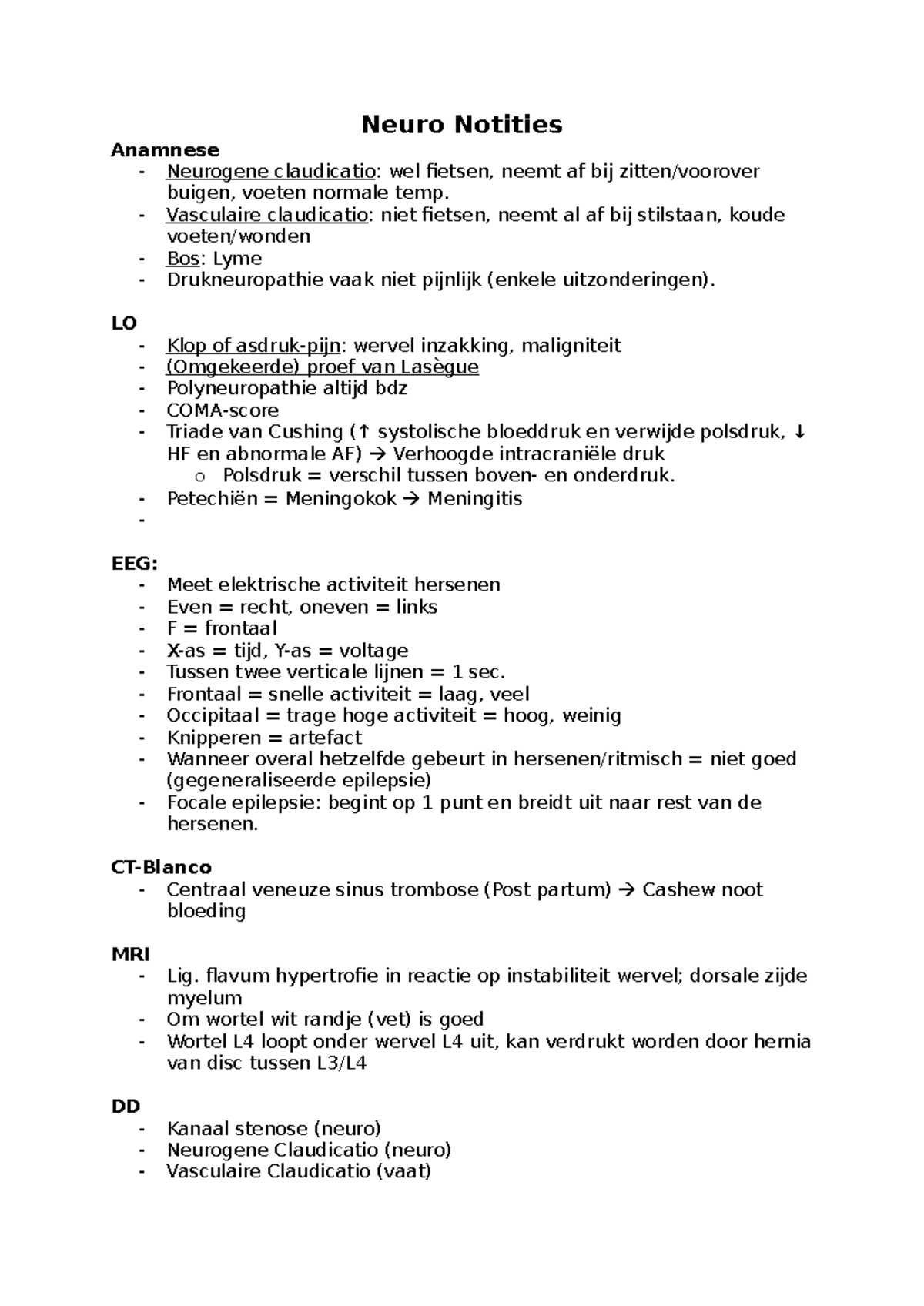 Neuro Notes Terugkomdag: Belangrijke Syndromen en Diagnoses - Studeersnel
