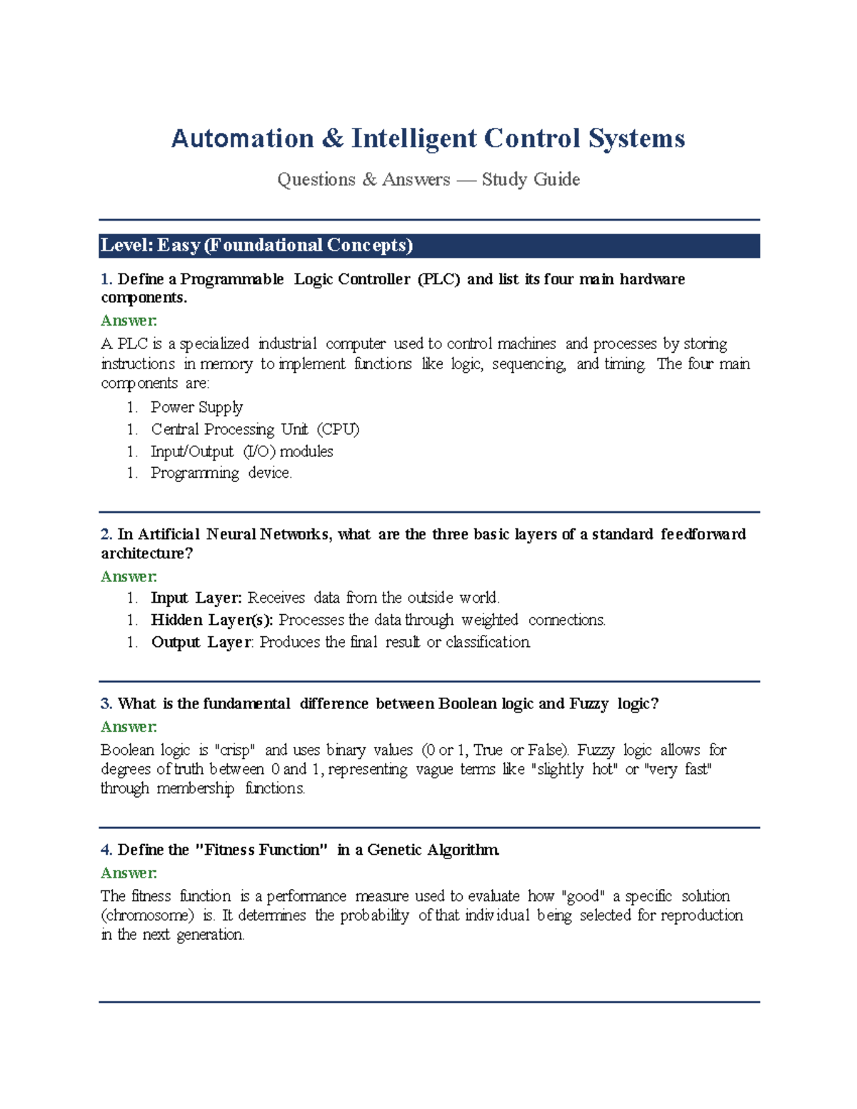 Automation Intelligent Control Systems Study Guide: Easy Level Q&A ...