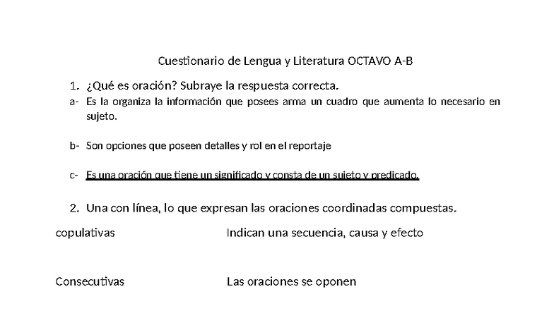 Cuestionario de Lengua y Literatura OCTAVO A - Ejercicios y Respuestas ...
