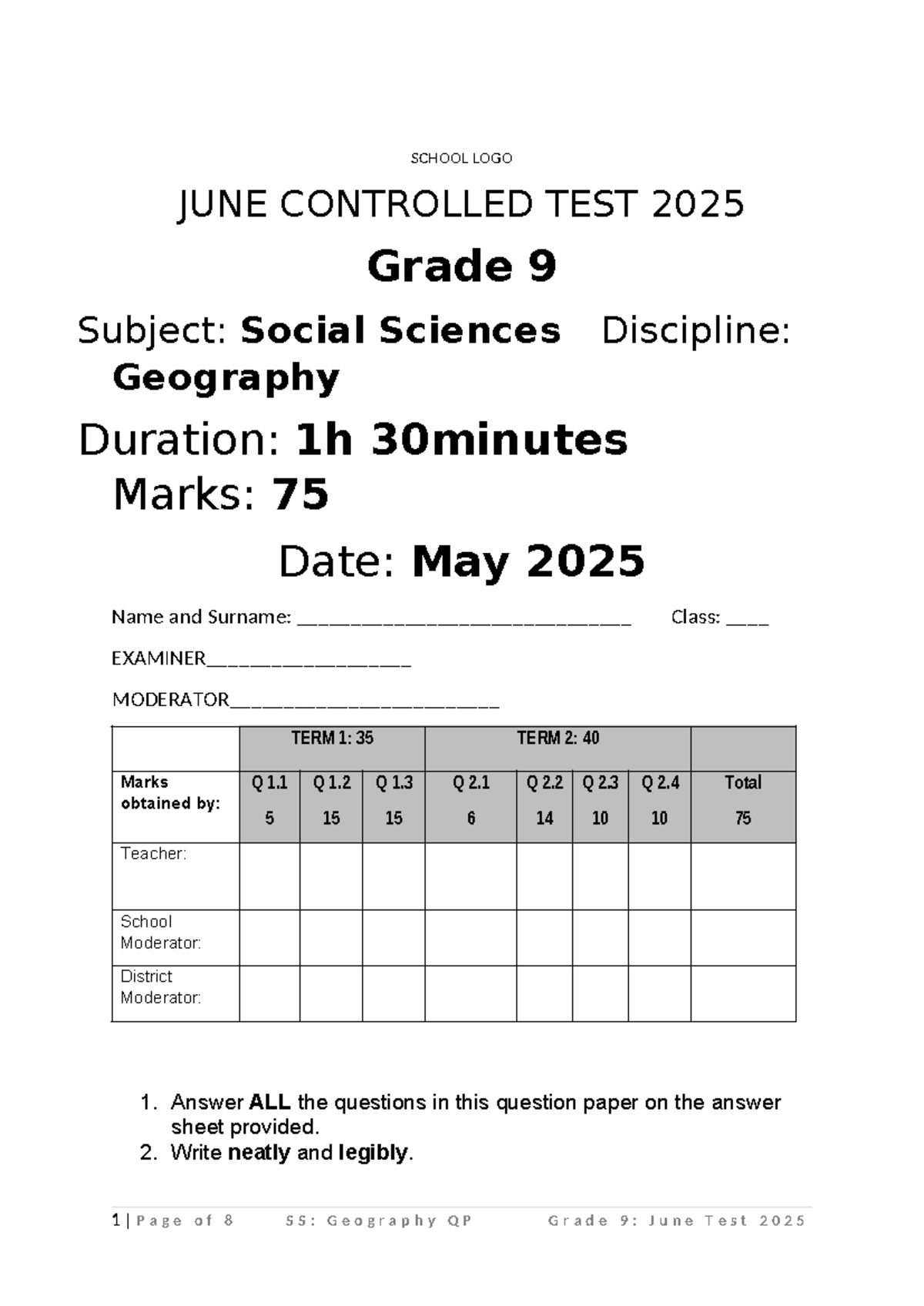 Grade 9 SS Geography June Test 2025 QP - Controlled Test - Studocu