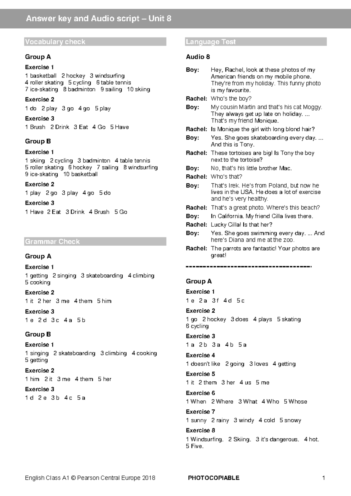 ECA1 Language Test Unit 8 Answer Key & Audio Script 2018 - Studocu