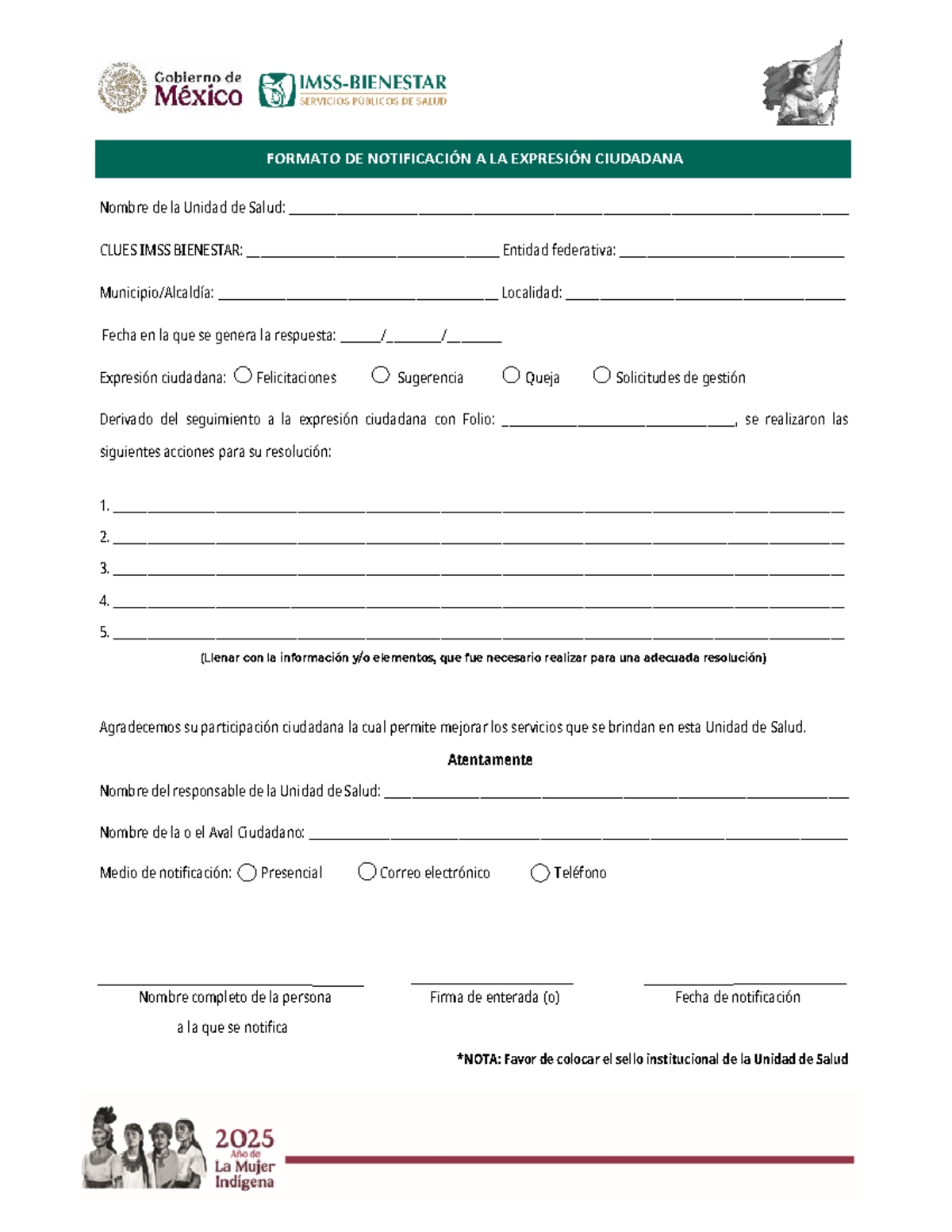 Formato de Notificación a la Expresión Ciudadana - CLUES IMSS - Document Preview