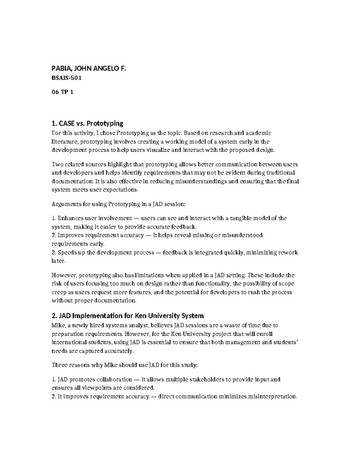 PABIA 06 TP 1 - Case Study on Prototyping and JAD Implementation - Studocu