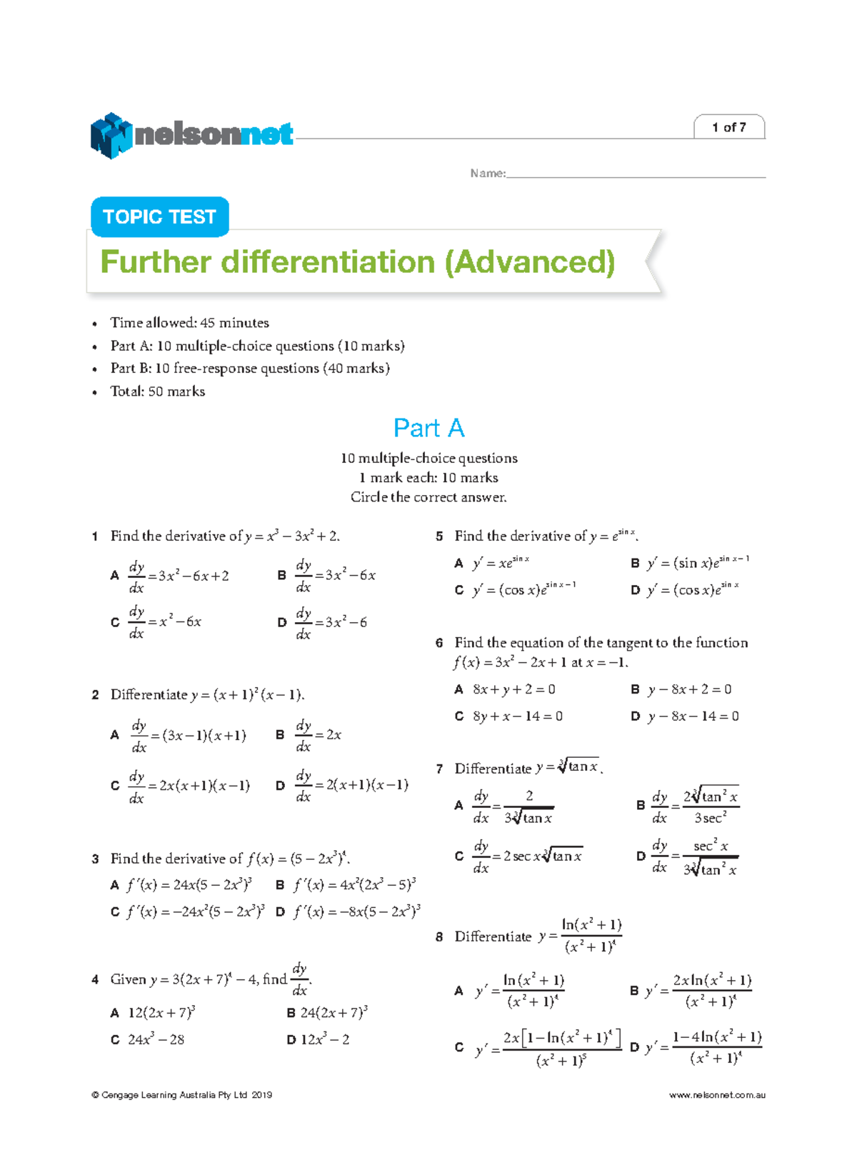 Further Differentiation Topic Test (45-Minute Assessment) - Studocu