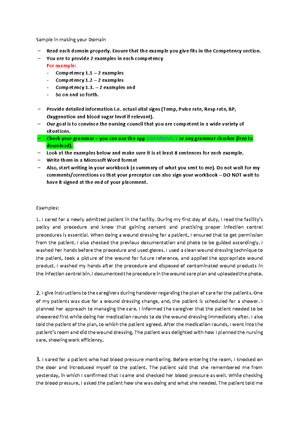 Domain Sample - Competency Examples for Nursing Council Submission ...