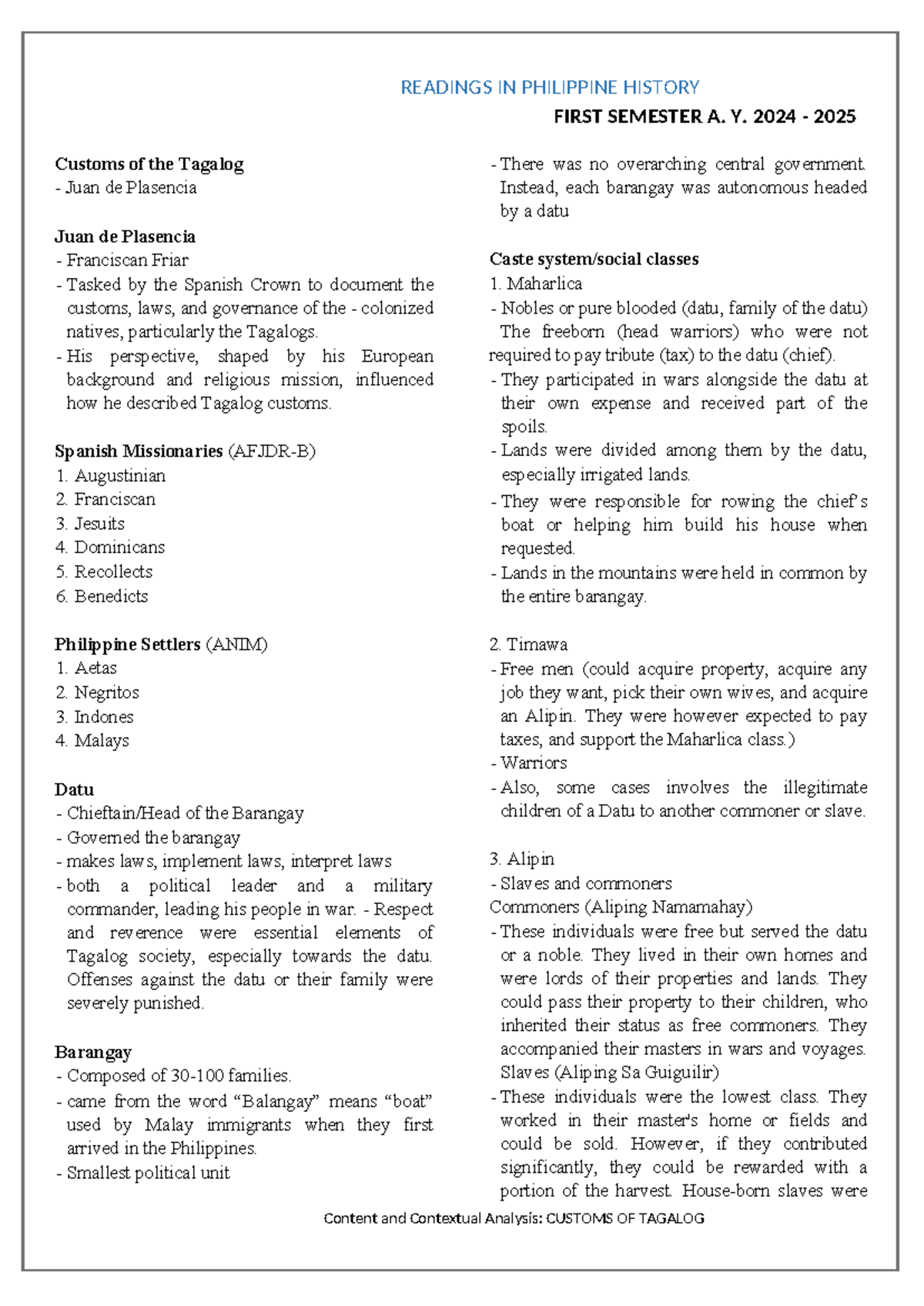 Customs of the Tagalog: A Contextual Analysis (RPH 1st Sem A.Y. 2024 ...