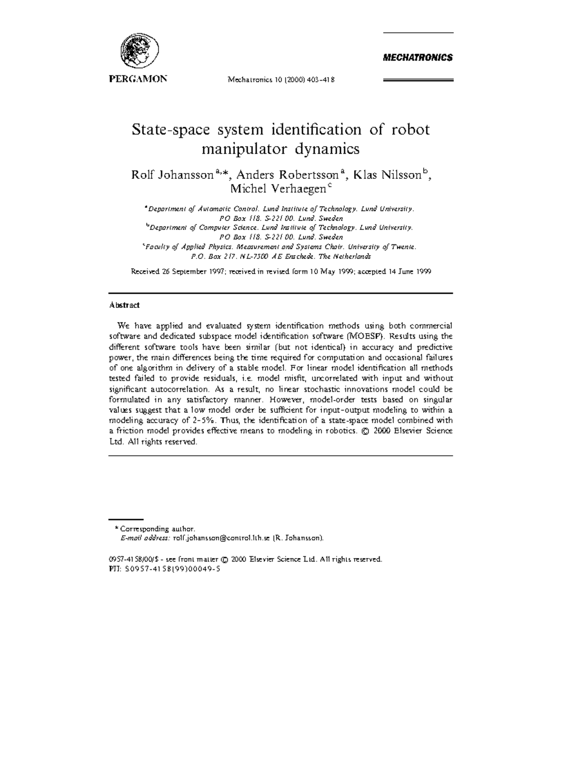 State space system identification of rob - State-space system identi ...
