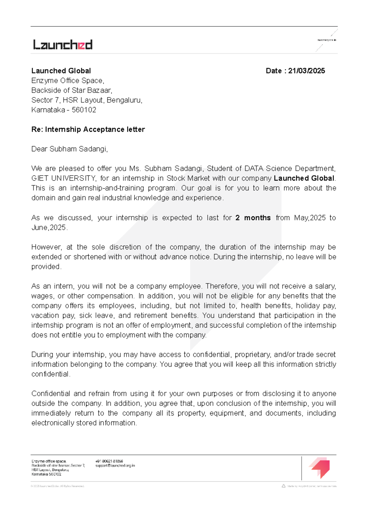 Internship Offer Letter - Subham Sadangi - DATA Science Dept. - Studocu