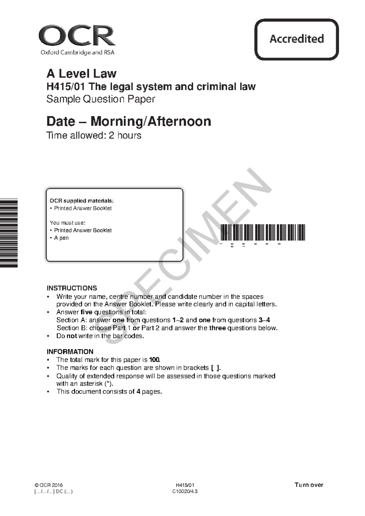 A Level Law H415/01: Sample Assessment Material on Legal System ...