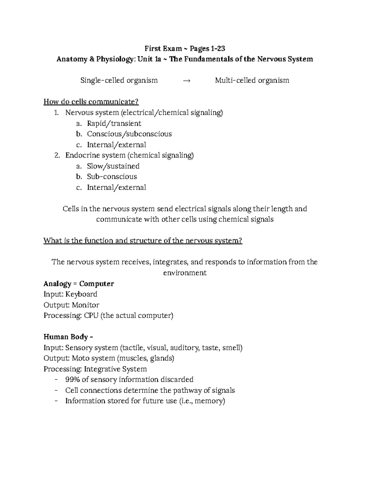 BI 235 - FINAL EXAM NOTES: Nervous System Fundamentals & Functions ...
