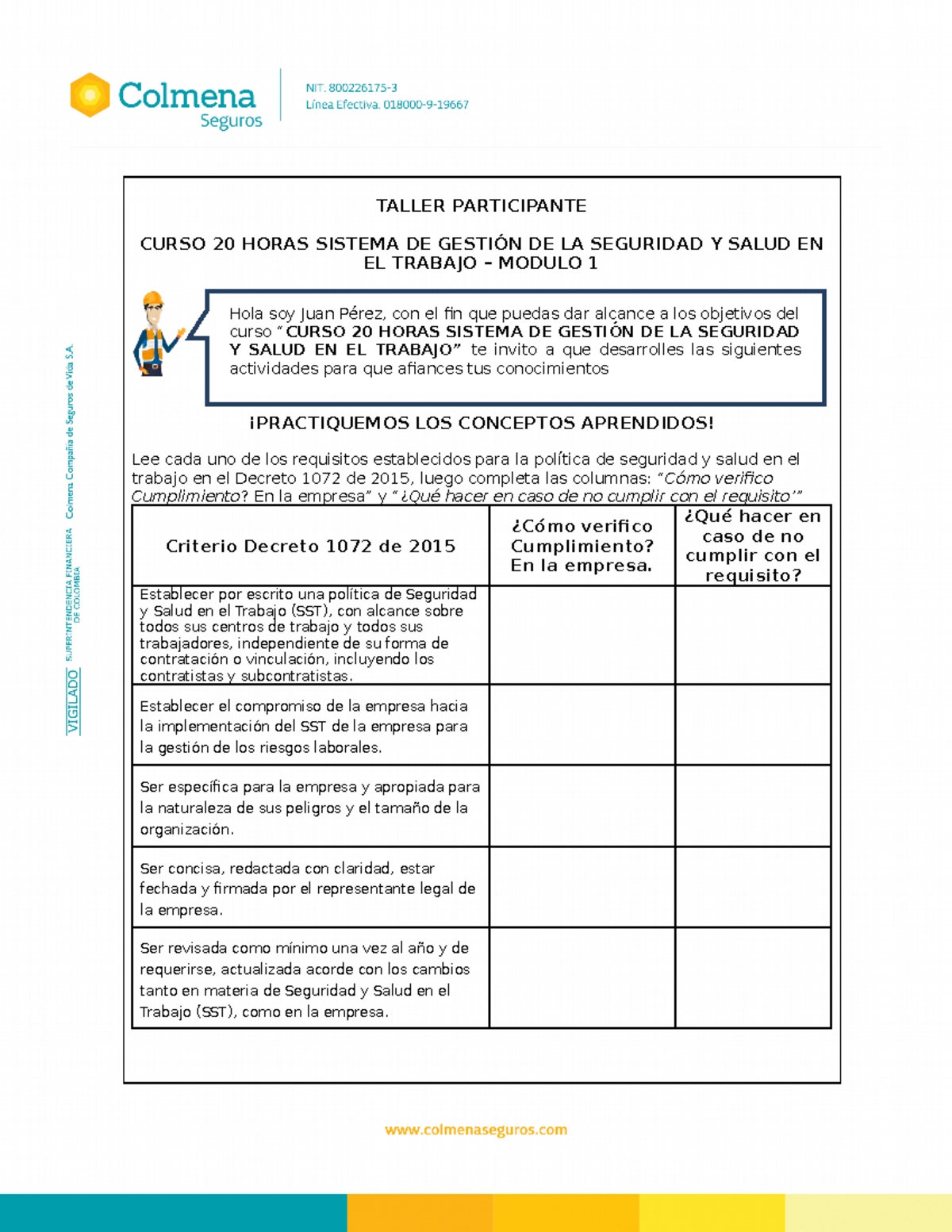 TALLER Módulo 1 - Seguridad y Salud en el Trabajo: Actividades y ...