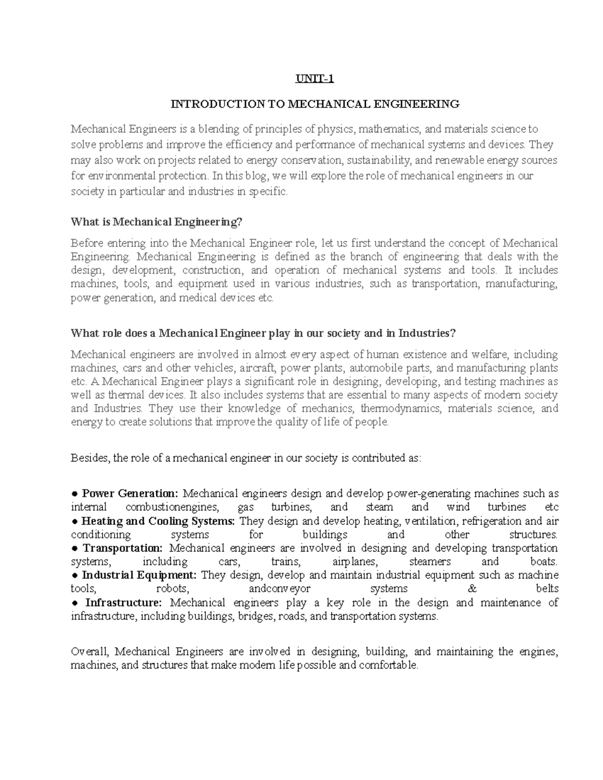 BME 101: Unit 1 - Introduction to Mechanical Engineering Concepts - Studocu