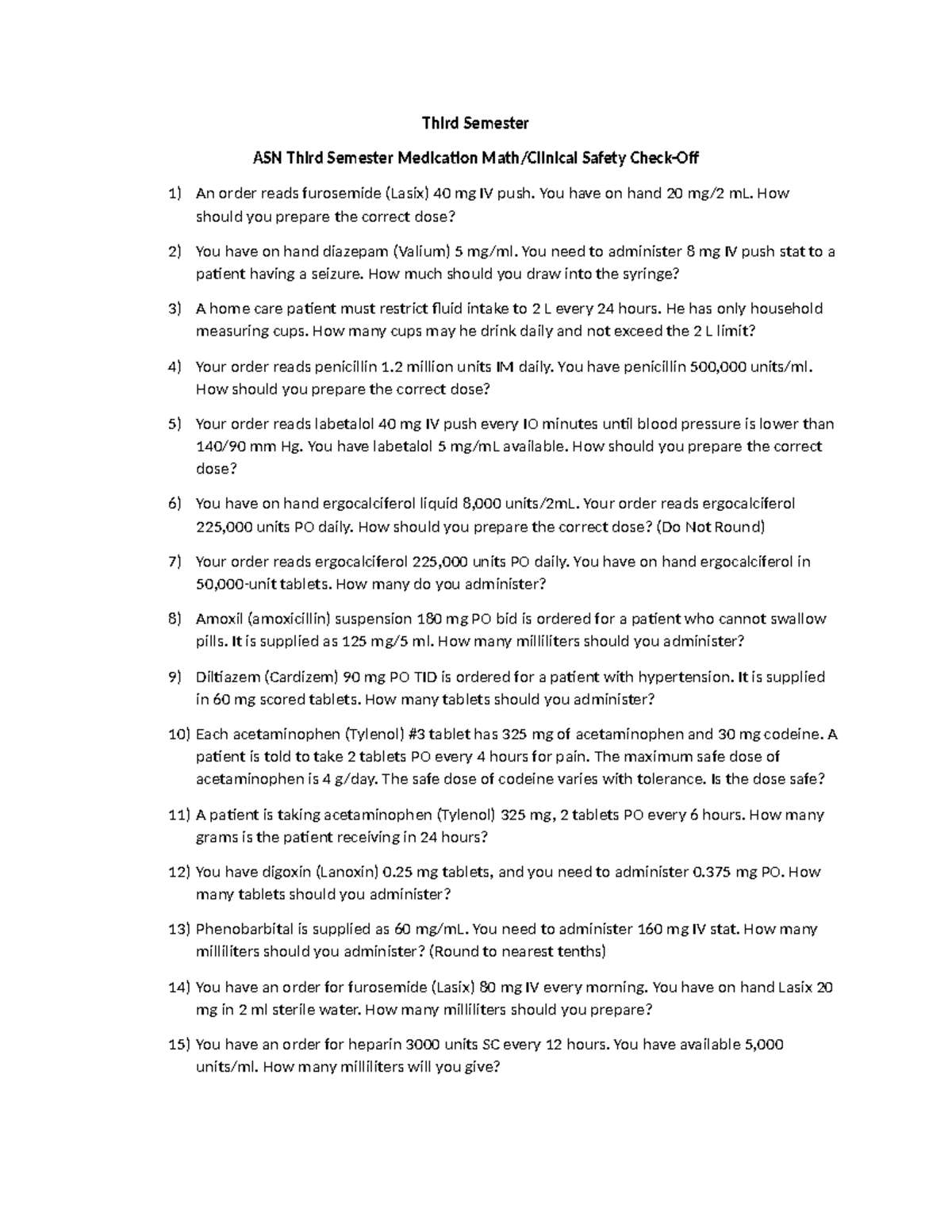 Third Semester ASN Med Math: Medication Safety Calculations and ...