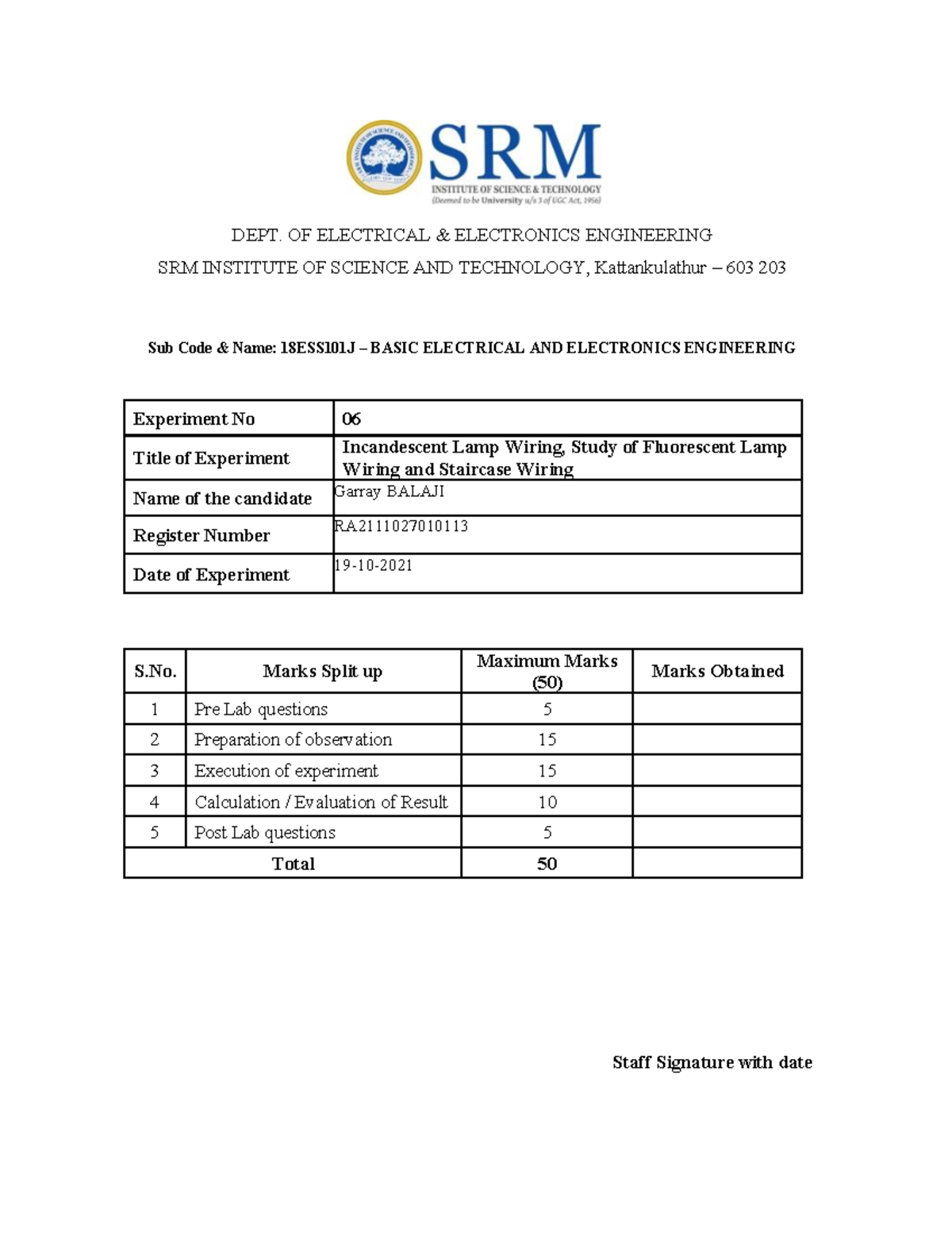 BEEE EXPERIMENT 6 - DEPT. OF ELECTRICAL & ELECTRONICS ENGINEERING SRM ...