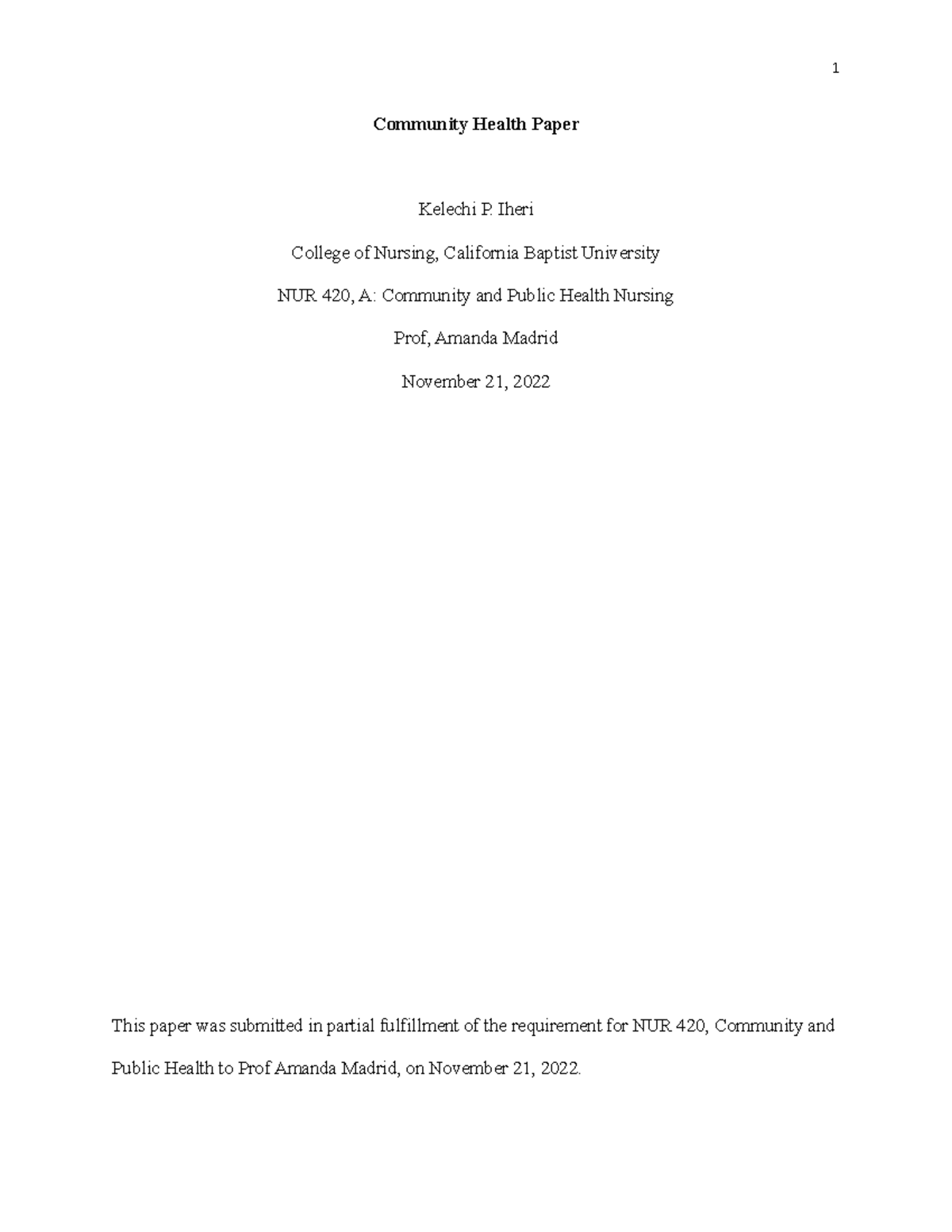 NUR 420 A Community Health Paper: Focus on Community-Based Care - Studocu