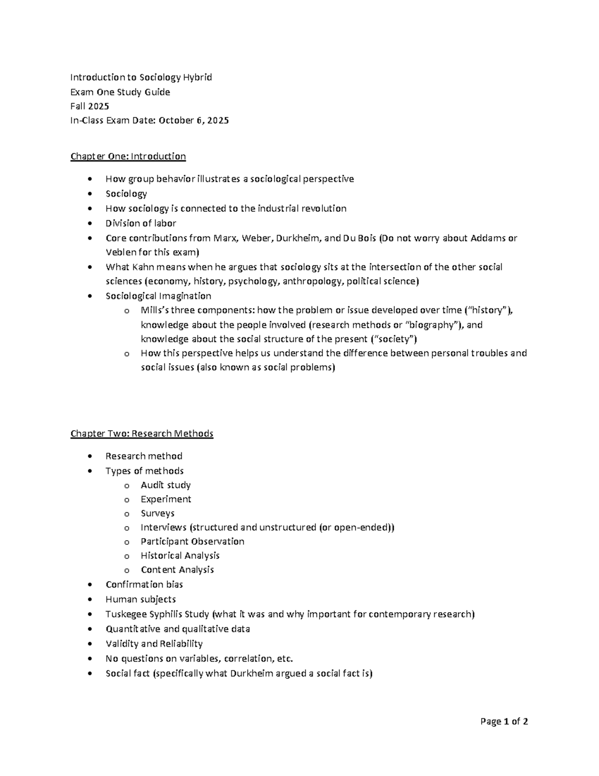 Introduction to Sociology Exam One Study Guide (SOC 101) - Studocu