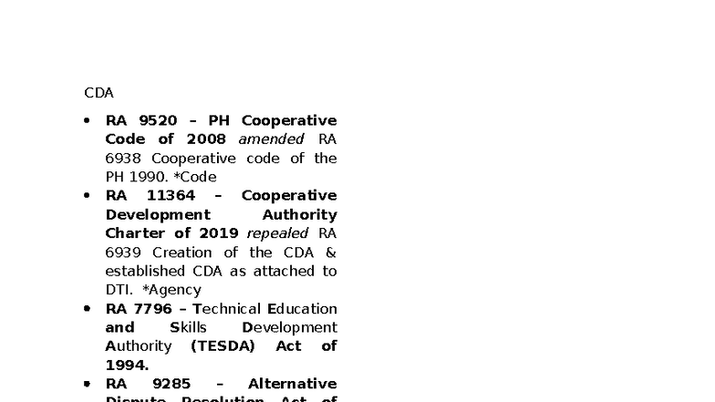 Republic Act(s) - some RA - CDA RA 9520 – PH Cooperative Code of 2008 ...