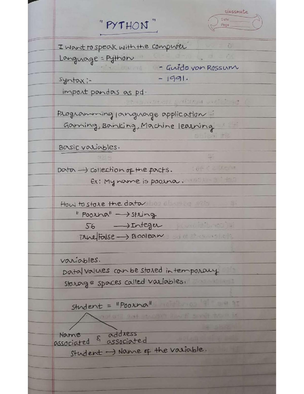 3 Python new Notes - classmate Date Page I want to speak with the ...