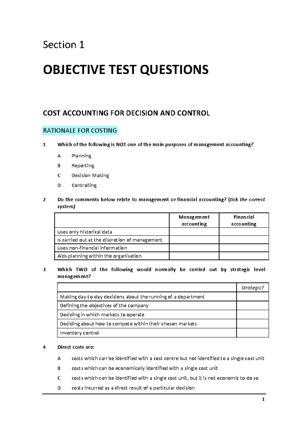 CIMA P1: Objective Test Questions for Management Accounting - Studocu