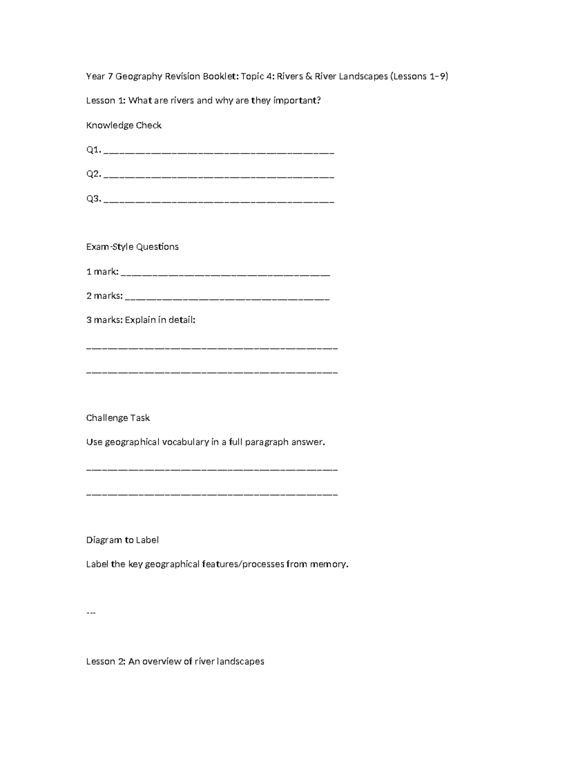 Year 7 Geography Revision: Rivers & River Landscapes Lessons - Studocu