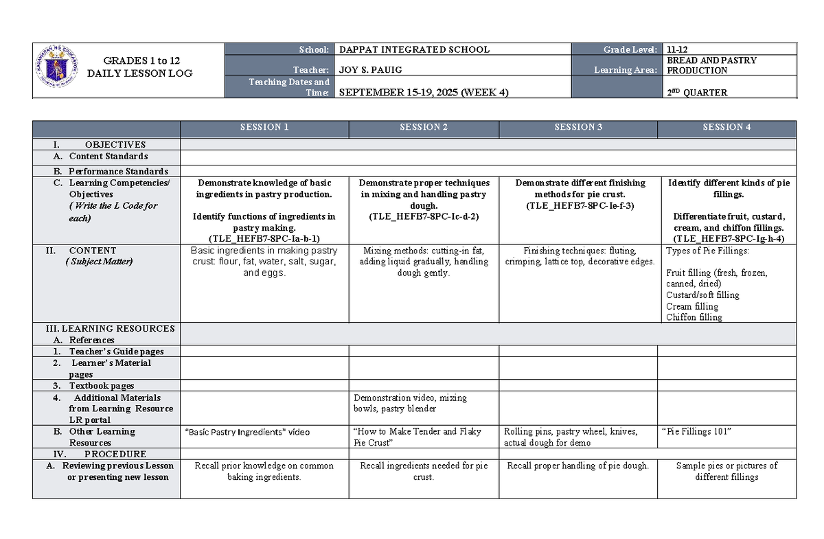 WEEK 4 Daily Lesson Log (DLL) for BREAD AND PASTRY - Production - Studocu