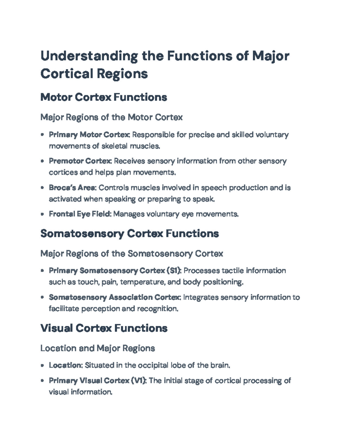 Functions of Major Cortical Regions in Neuroscience (NEU 101) - Studocu