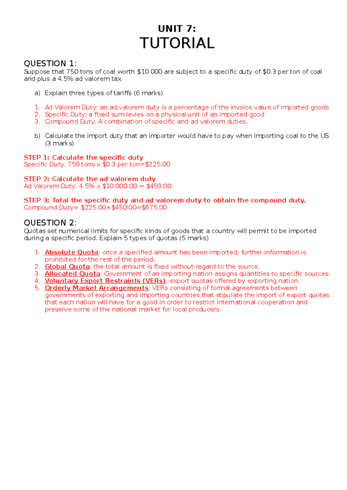 UNIT 7 Tutorial: Tariffs and Quotas Explained - Studocu