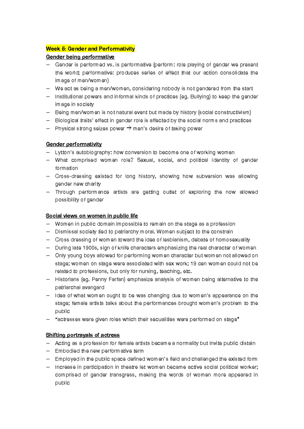GSFS 304 Week 5 - Lecture Notes on Gender and Performativity - Studocu