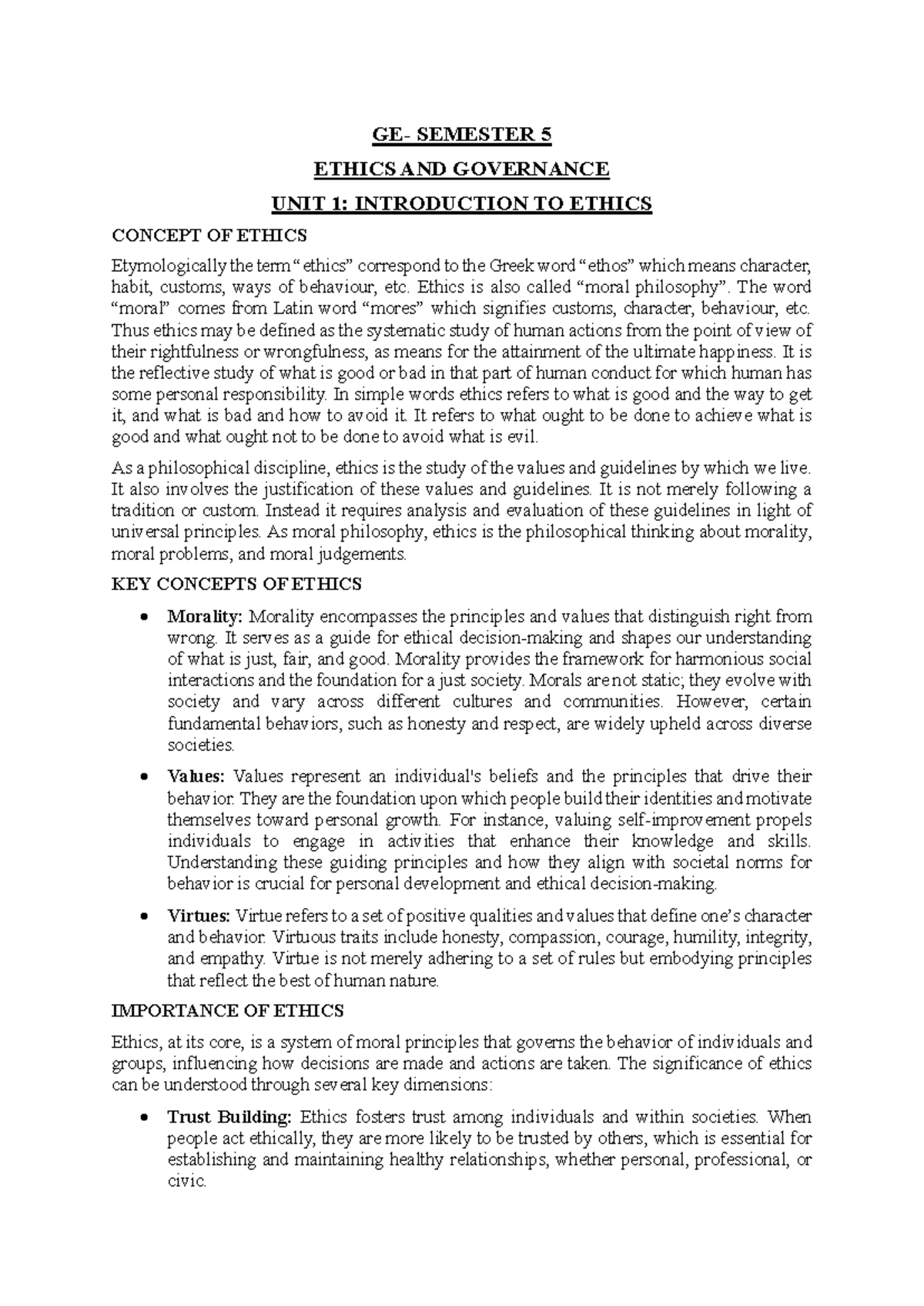Unit 1: Introduction to Ethics and Governance - GE Semester 5 - Studocu