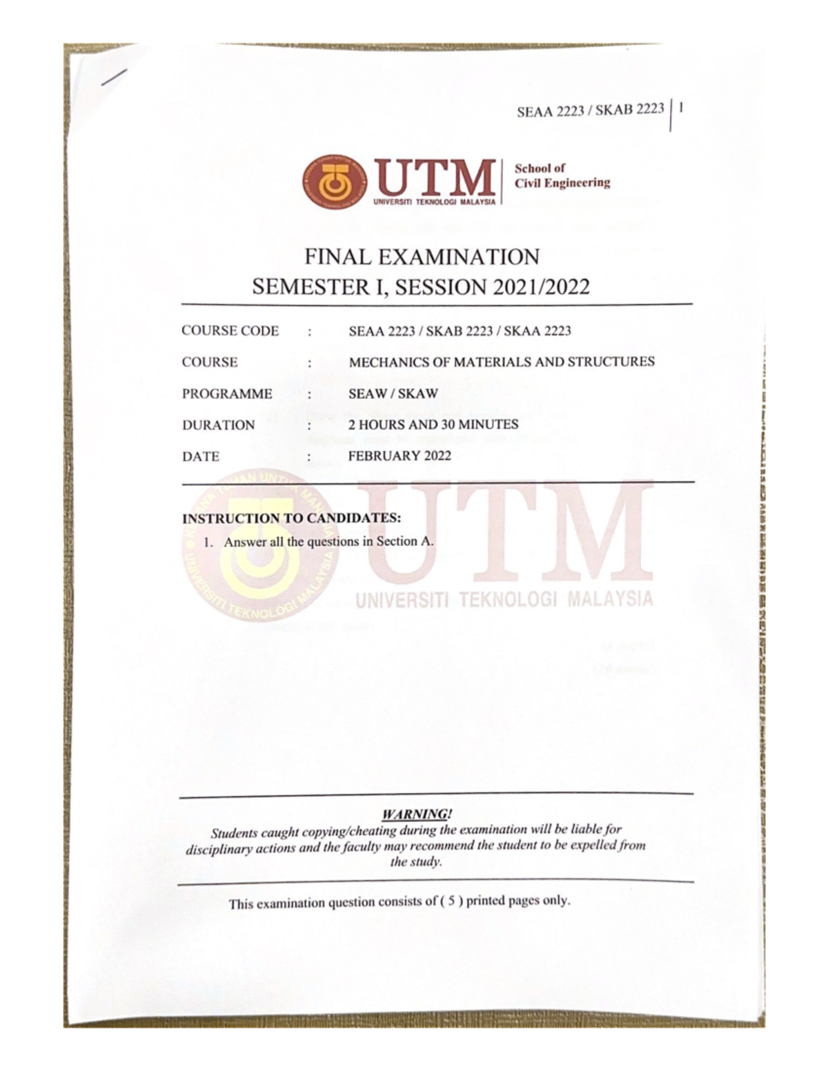 Final Exam Sem 1 Ses 2122 Question Section A - SEAA SKAB 1 UTM School ...