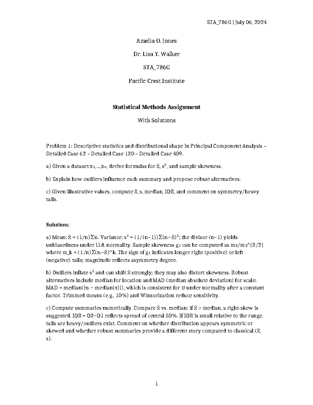 STA_786G Statistical Methods Assignment Solutions: PCA Cases 62, 130 ...