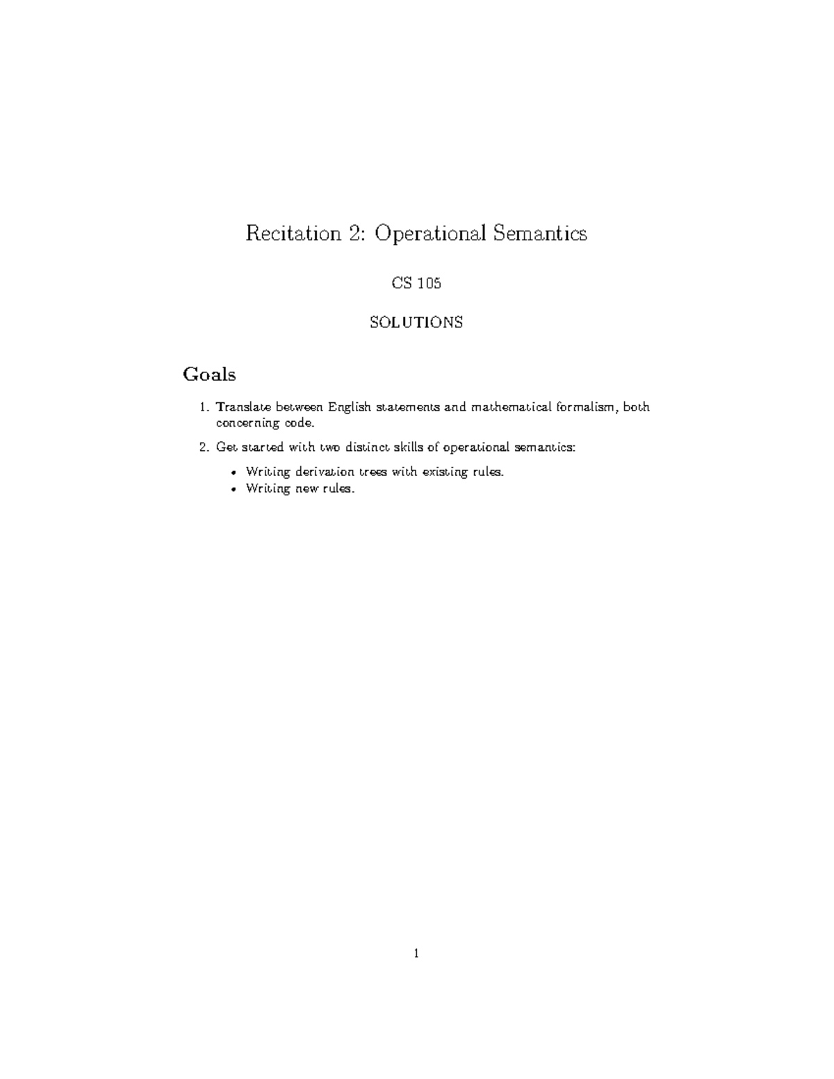 CS 105 Recitation 2 Solutions: Operational Semantics Guide - Studocu