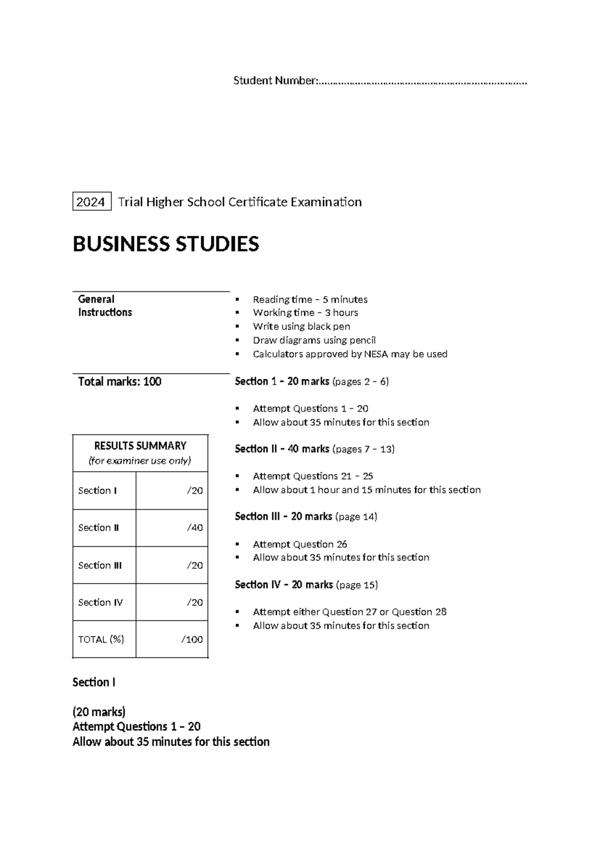 2024 Trial HSC Business Studies Exam Instructions and Questions - Studocu