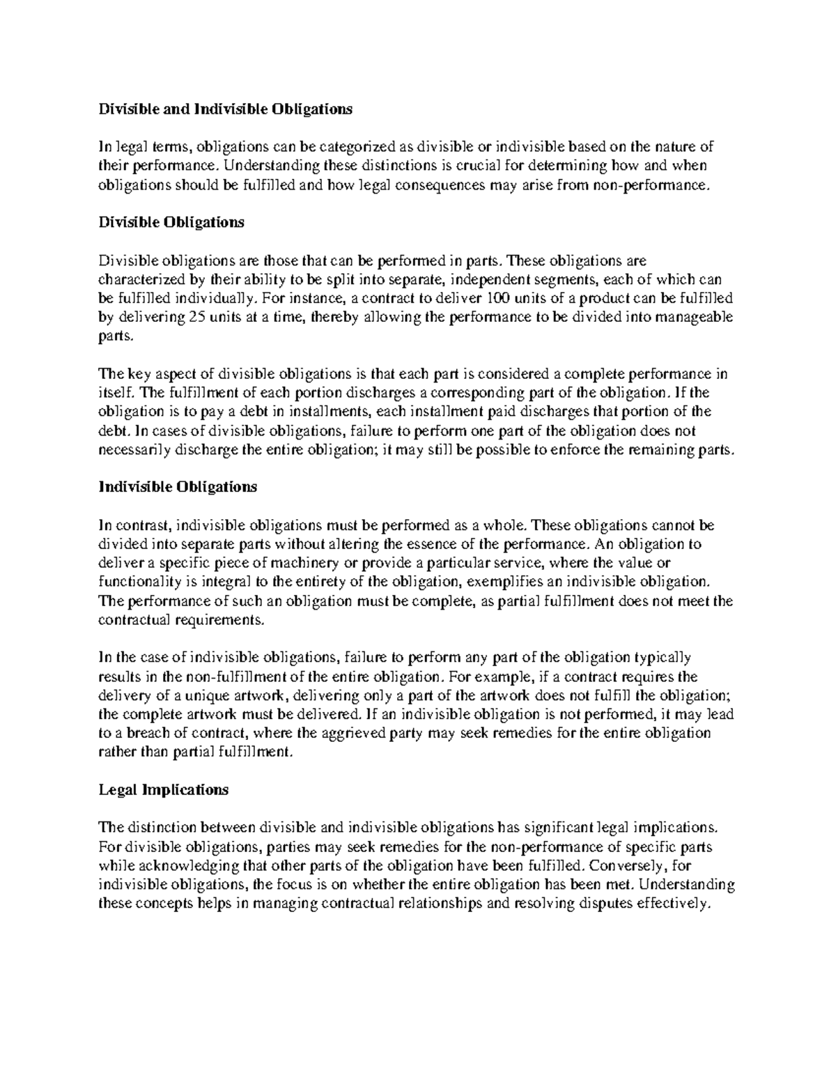 Legal Analysis of Divisible vs. Indivisible Obligations - Studocu
