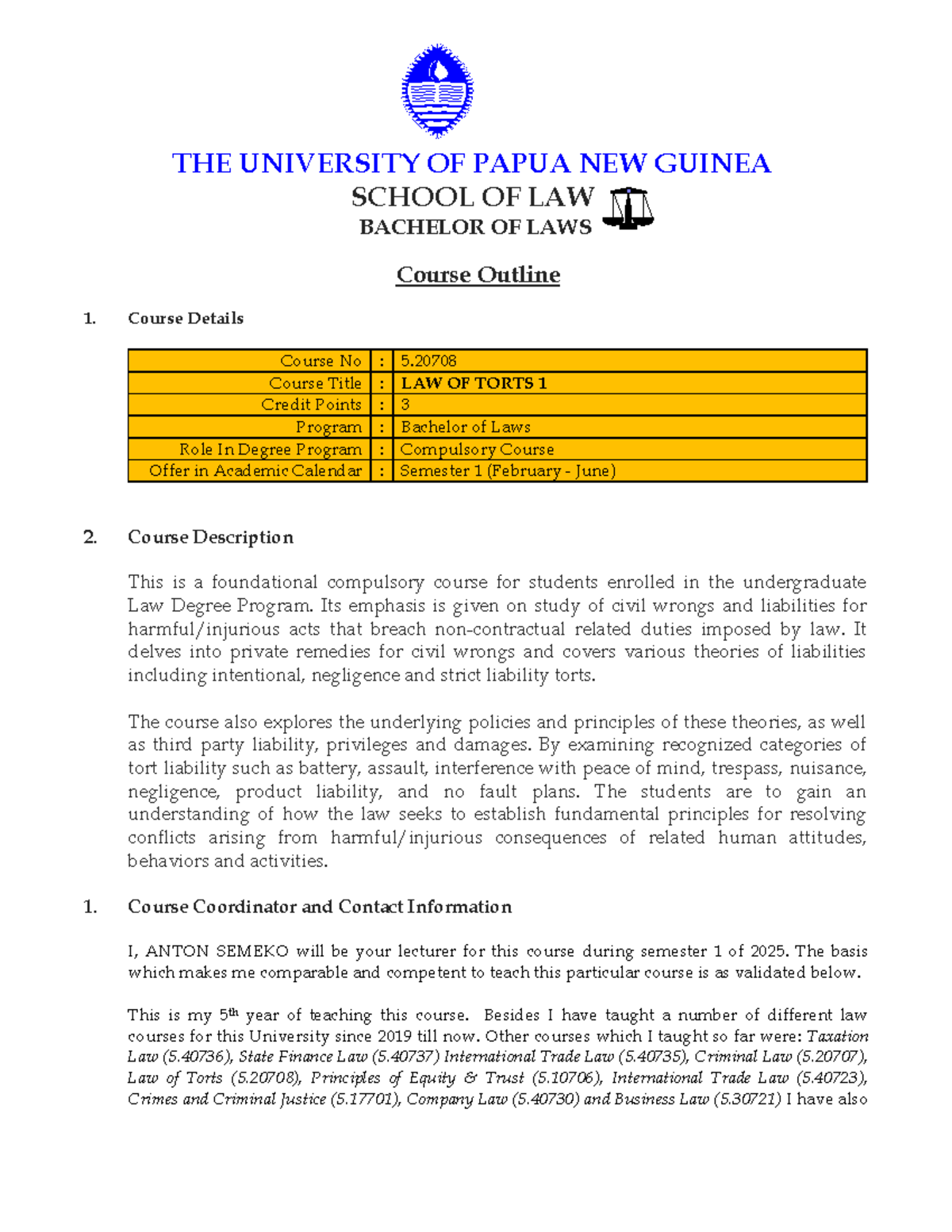 LAW OF TORTS 1 Course Outline 2025: Essential Insights and Structure ...