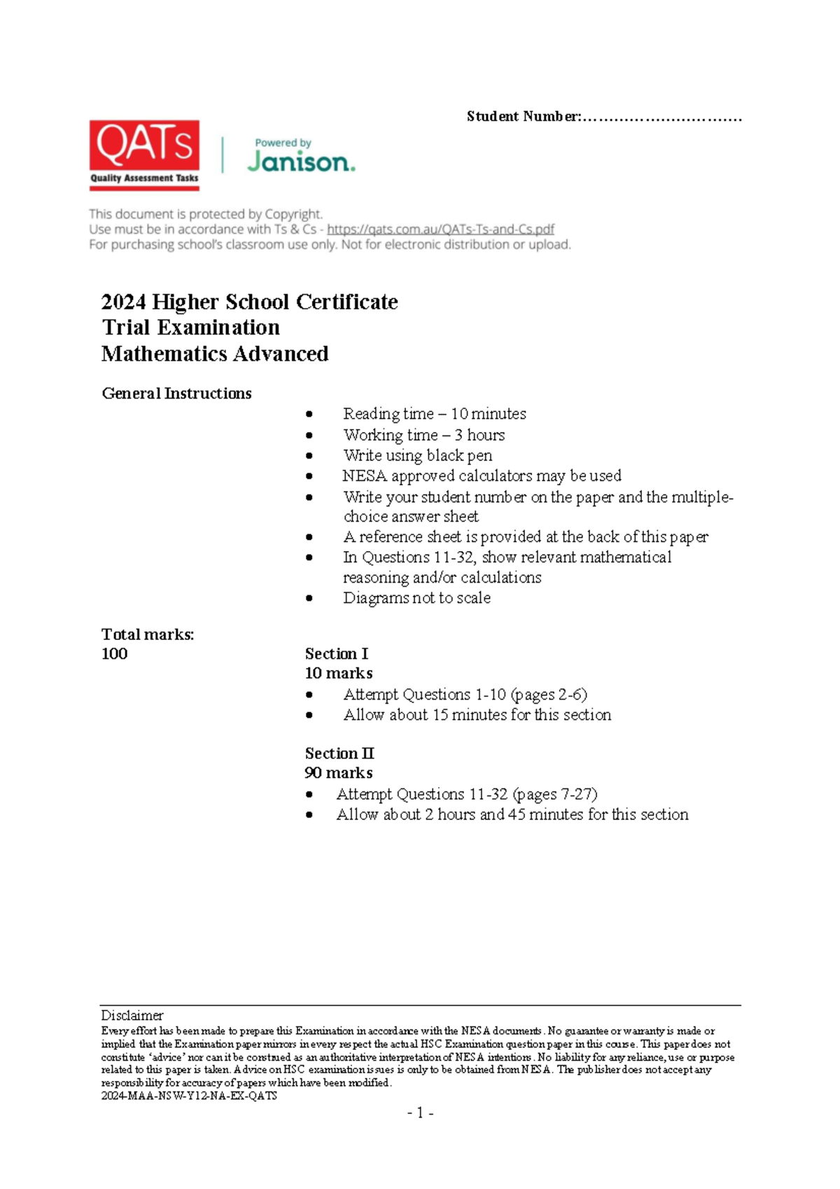2024-Y12 HSC Trial Exam: Mathematics Advanced Instructions & Questions ...