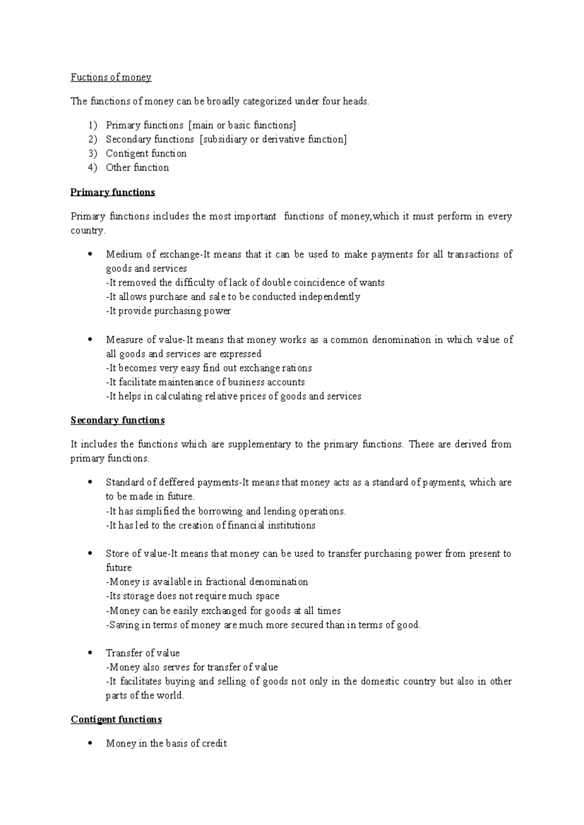Functions of Money - Overview of Primary and Secondary Roles - Studocu