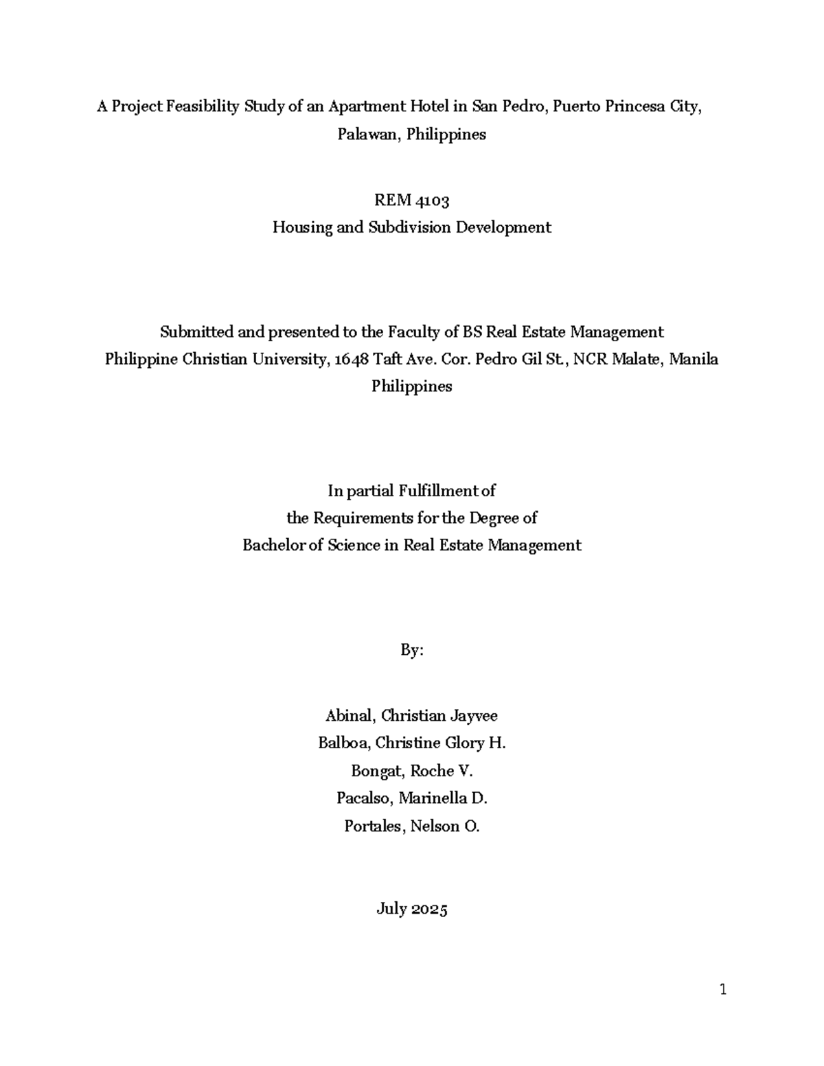 Feasibility Study for an Apartment Hotel Development in REM 4103 - Document Preview