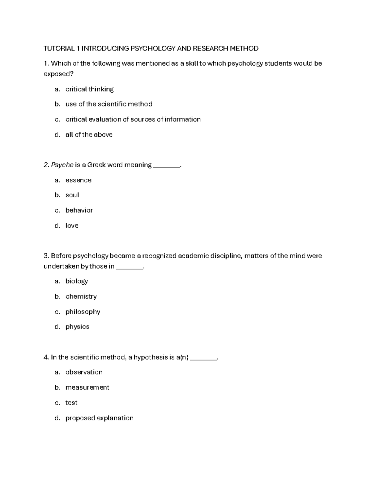 PSY 101 Tutorial 1: Intro to Psychology & Research Methods - Studocu