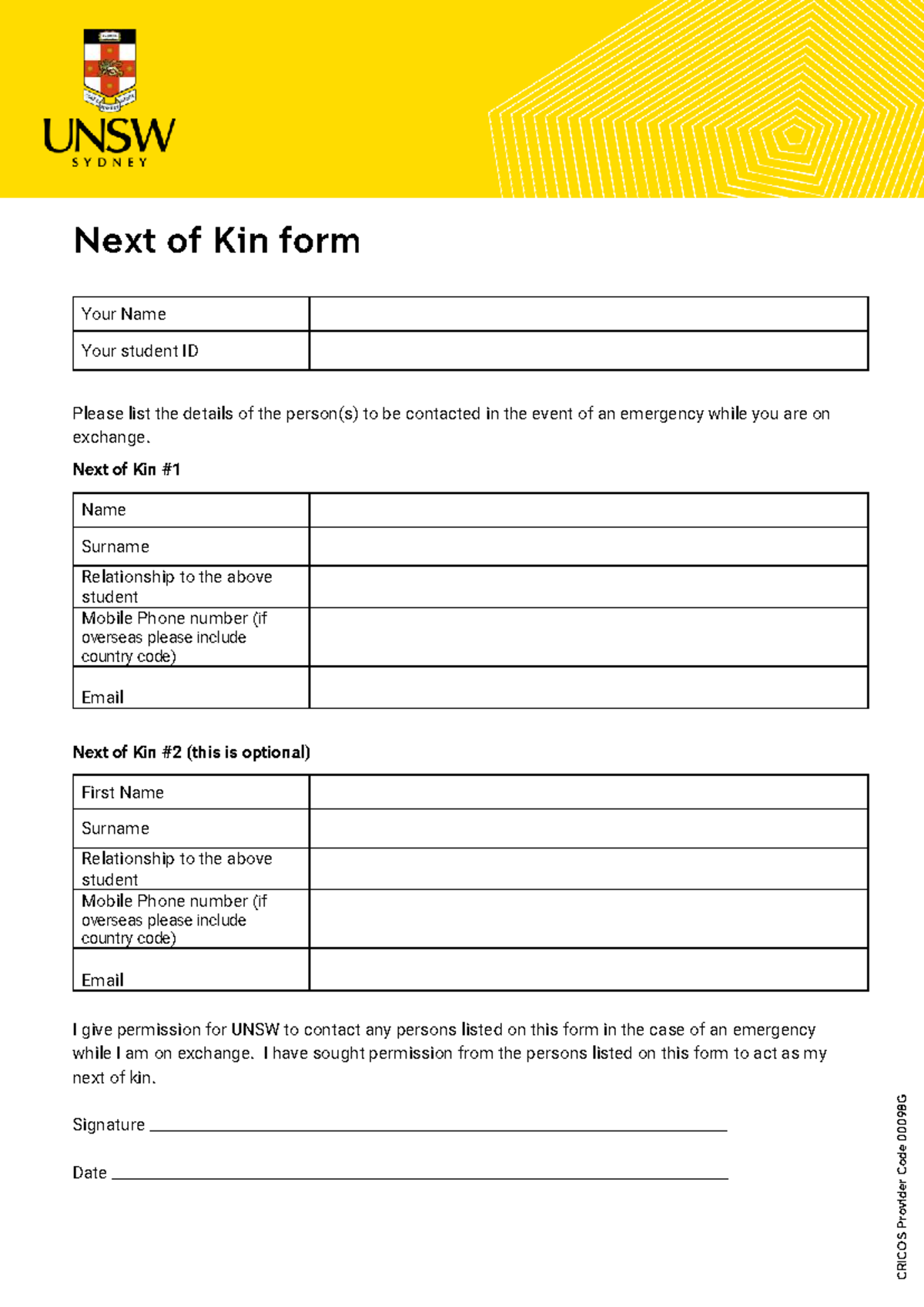 Outbound Exchange Next of Kin Form - Emergency Contact Details - Studocu