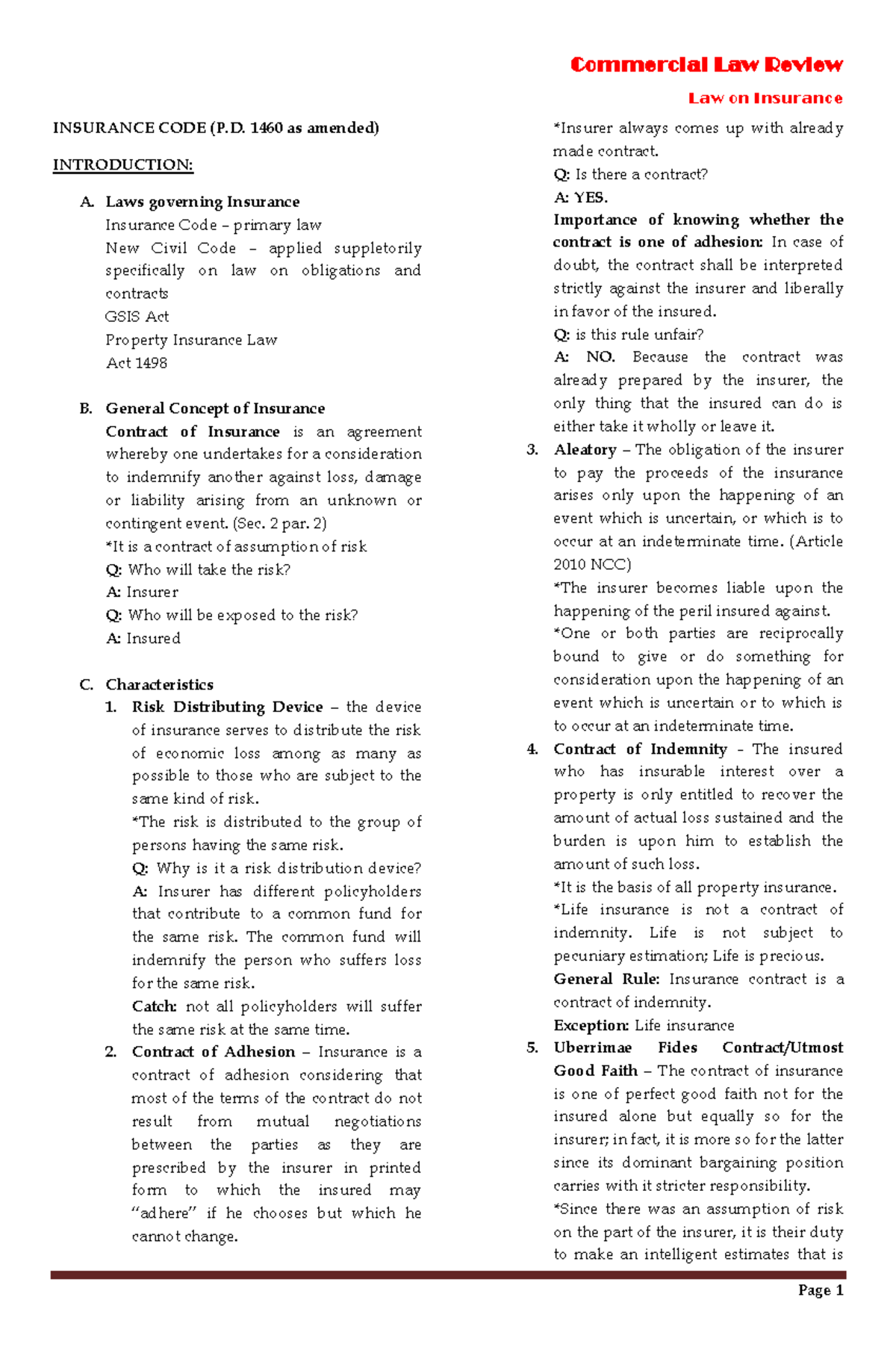Commercial Law Review: Insurance Law Notes (INSURANCE CODE) - Studocu