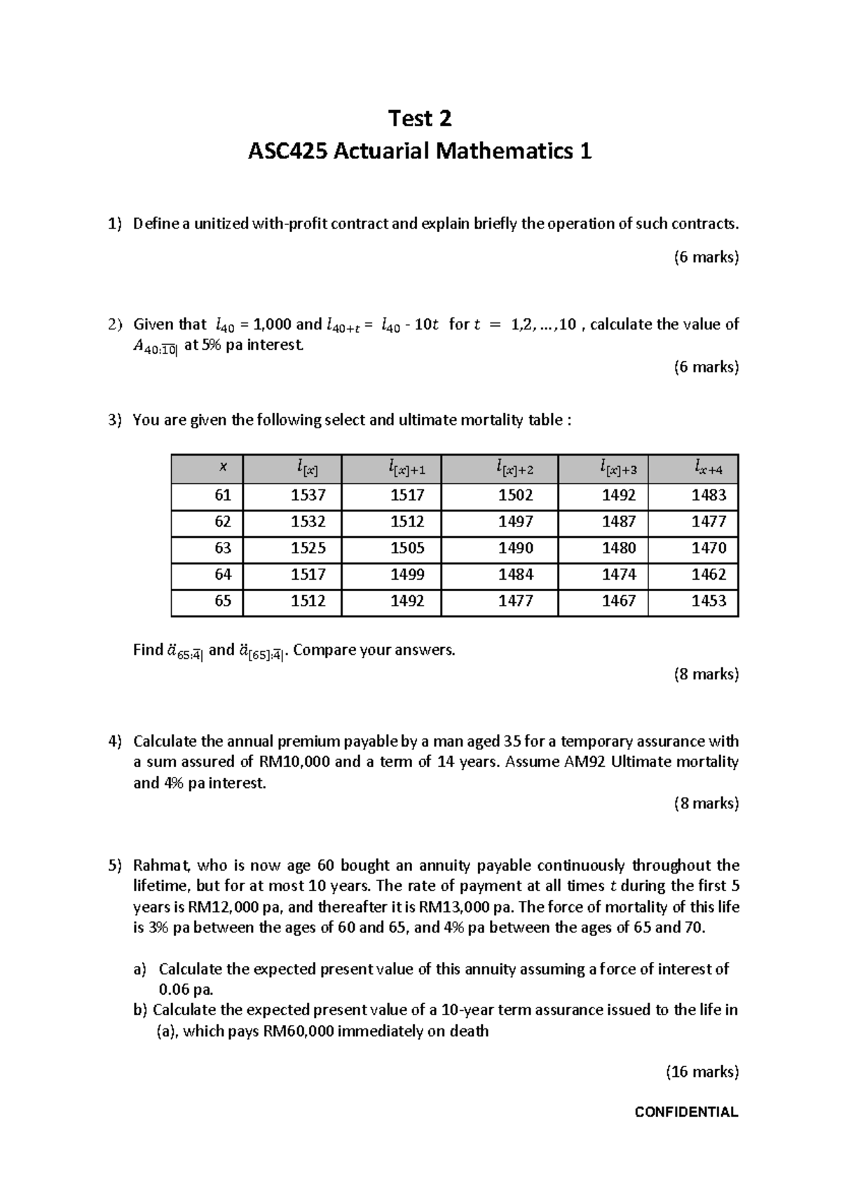 ASC425 Actuarial Mathematics 1 Test 2 Past Exam Questions (2021) - Studocu